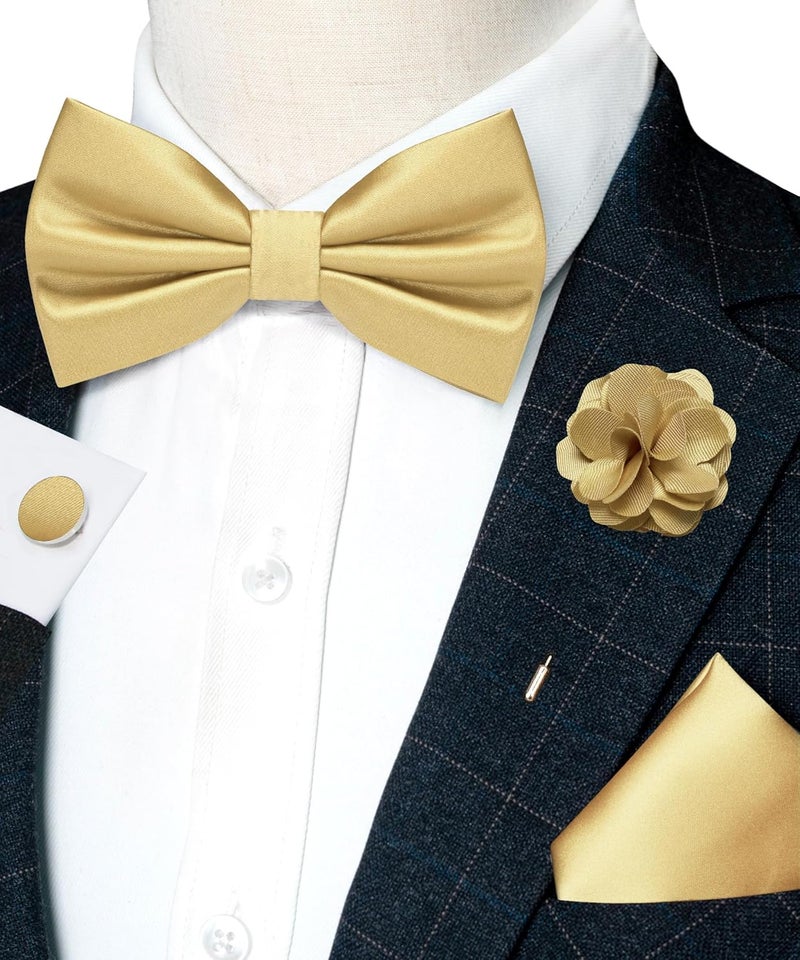 RBOCOTT Solid Color Bow Tie and Pocket Square with Lapel Pin Cufflinks Set 4PCS - Image 2